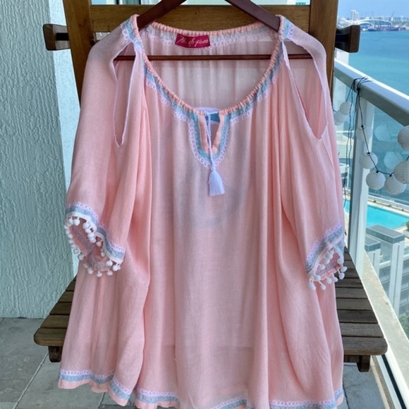 Tunic pink L Fleur de Pirate embroidered Hippie beachwear open sleeves